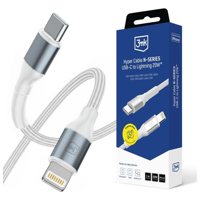 Kabel 3MK Hyper Cable N-SERIES USB-C for Lightning 1m 9V/2A 20W White