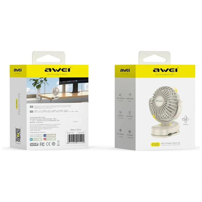 Mini Desk fan AWEI F45 with Clip 1200mAh White