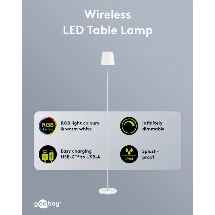 GOOBAY επιτραπέζιο φωτιστικό 76572, RGBW, dimmable, επαναφορτιζόμενο, έως 122.3cm ύψος, λευκό