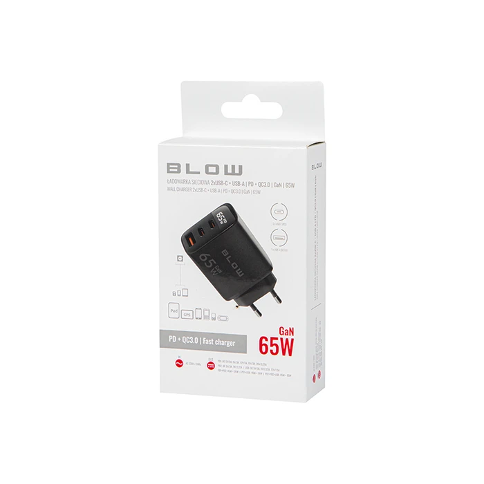 Φορτιστής LCD με USB + 2x USB-C PD 65W GaN BLOW μαύρος
