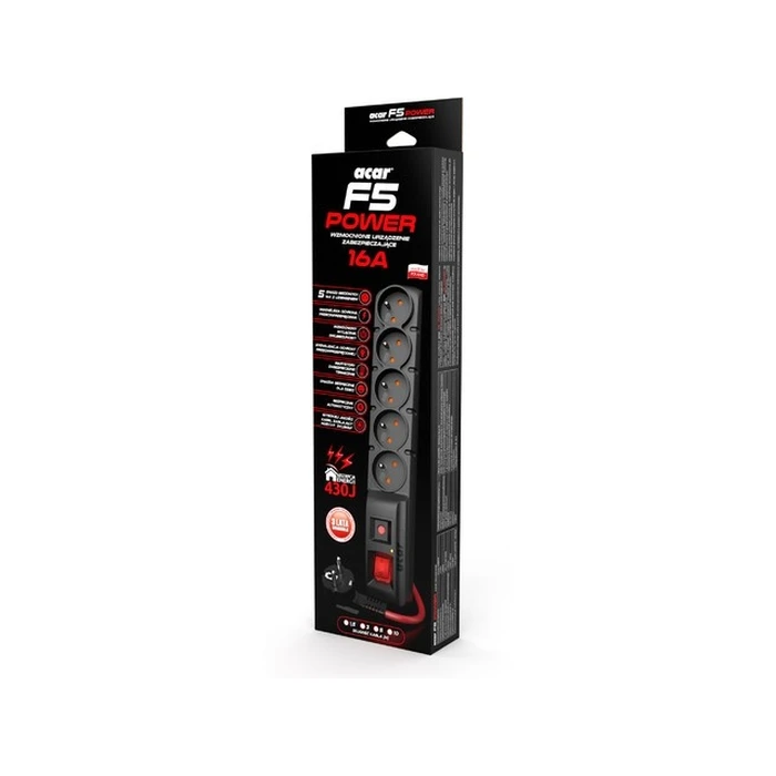 Πολύπριζο Ασφαλείας Acar F5 Power 16a (5 Sockets) Black