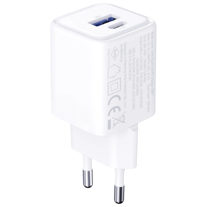 3MK Hyper Charger PD 33W GaN QC4+ PPS AFC FCP SCP USB-A + USB-C white