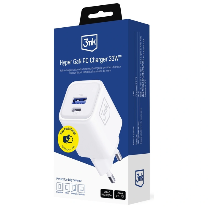 3MK Hyper Charger PD 33W GaN QC4+ PPS AFC FCP SCP USB-A + USB-C white