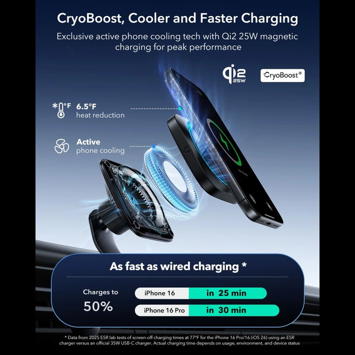 ESR OmniLock Cryoboost Magnetic MagSafe Vent Car Mount Wireless Charger Qi2.2 25W Black