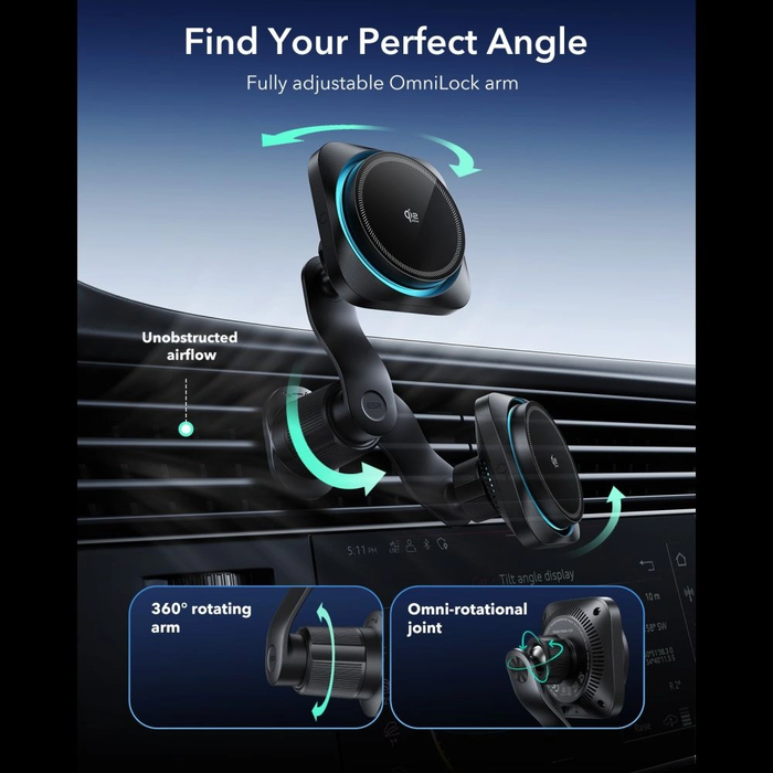 ESR OmniLock Cryoboost Magnetic MagSafe Vent Car Mount Wireless Charger Qi2.2 25W Black
