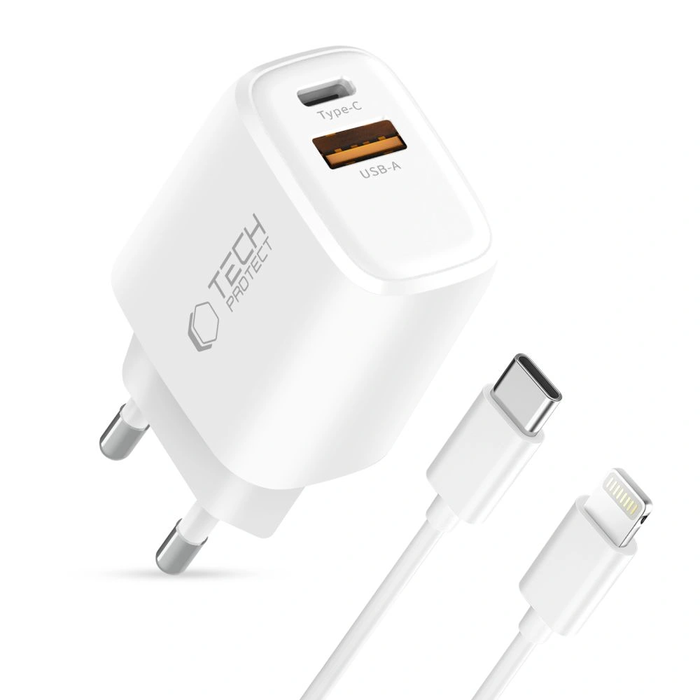 Tech-Protect NNC45W-GAN USB-A, USB-C Network Charger PD 45W / QC3.0 + USB-C / Lightning Cable White