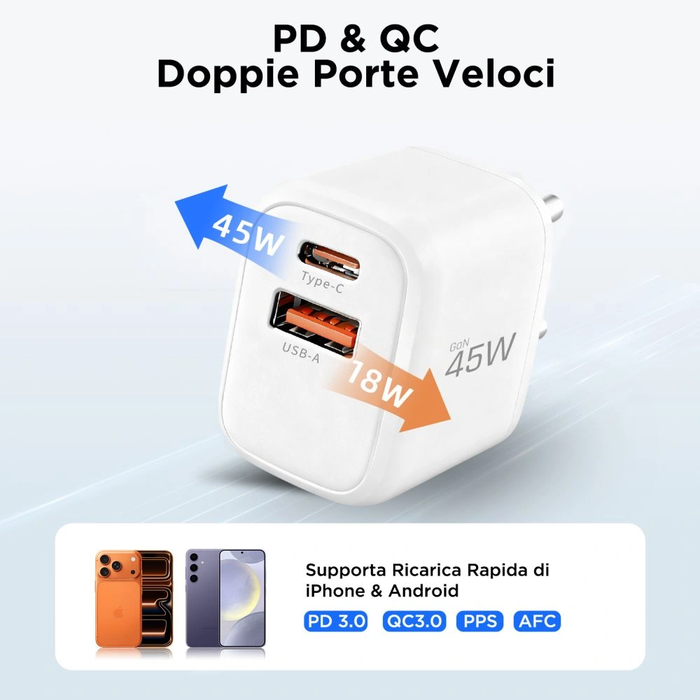 Tech-Protect NNC45W-GAN USB-A, USB-C Network Charger PD 45W / QC3.0 + USB-C / Lightning Cable White