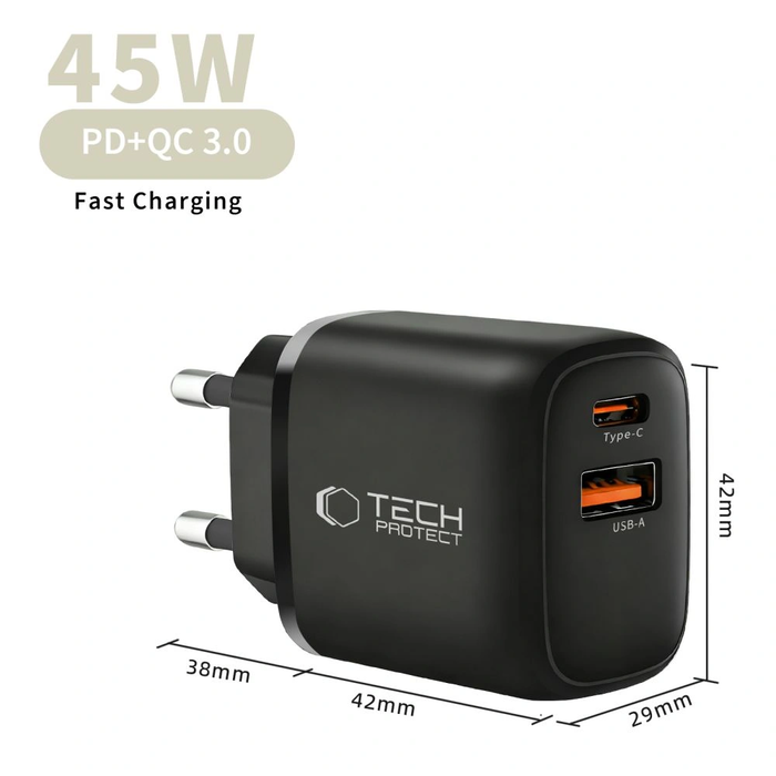 Tech-Protect NCA45W-GAN USB-A, USB-C Network Charger PD 45W / QC3.0 Black