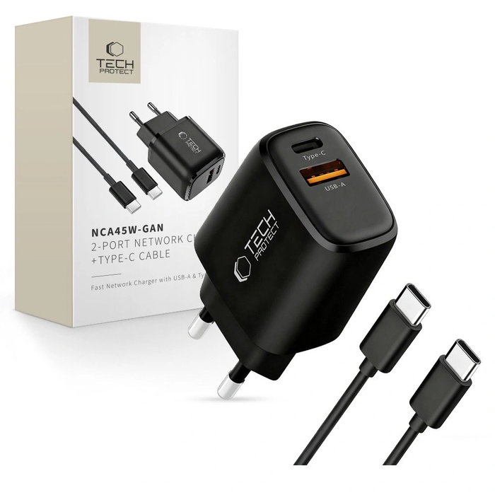 Tech-Protect NCA45W-GAN USB-A, USB-C Network Charger PD 45W / QC3.0 + USB-C Cable Black