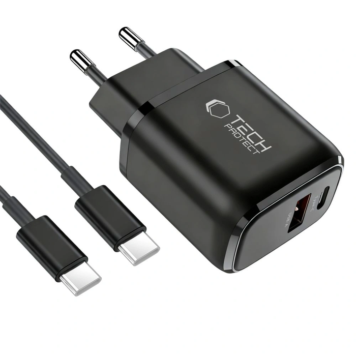 Tech-Protect NCA45W-GAN USB-A, USB-C Network Charger PD 45W / QC3.0 + USB-C Cable Black