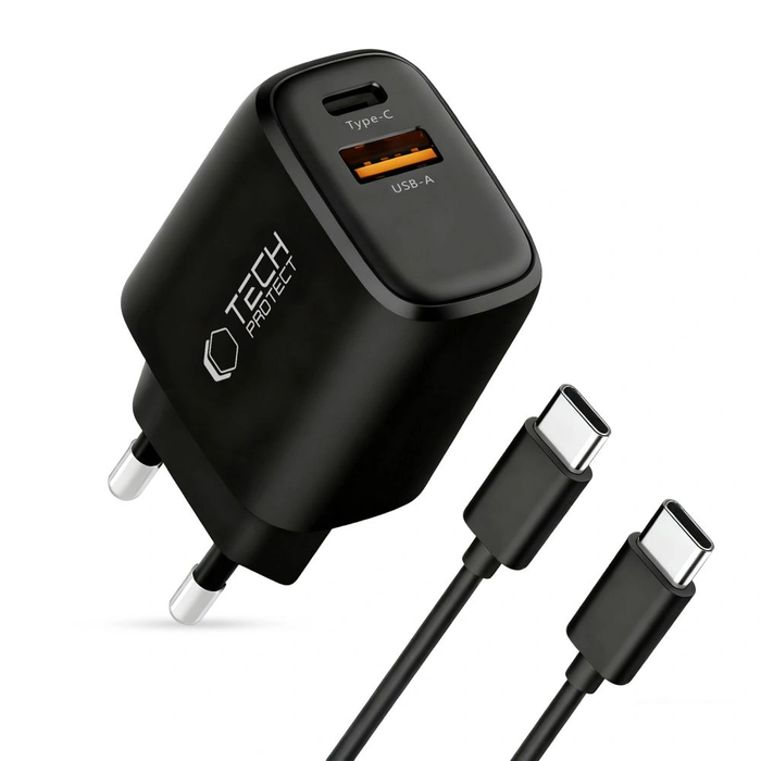 Tech-Protect NCA45W-GAN USB-A, USB-C Network Charger PD 45W / QC3.0 + USB-C Cable Black