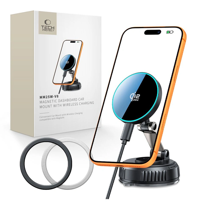 Tech-Protect MM25W-V8 Qi2.2 Magnetic MagSafe Windshield & Dashboard Car Mount Wireless Charger 25W Black