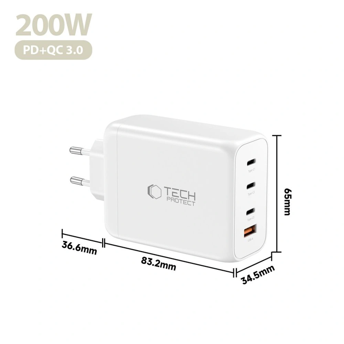 Tech-Protect NC200W-GAN 4-port Network Charger PD 200W / QC3.0 White