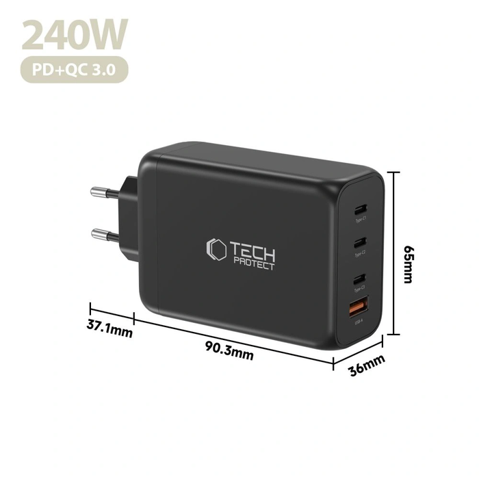 Tech-Protect NC240W-GAN 4-port Network Charger PD 240W / QC3.0 Black