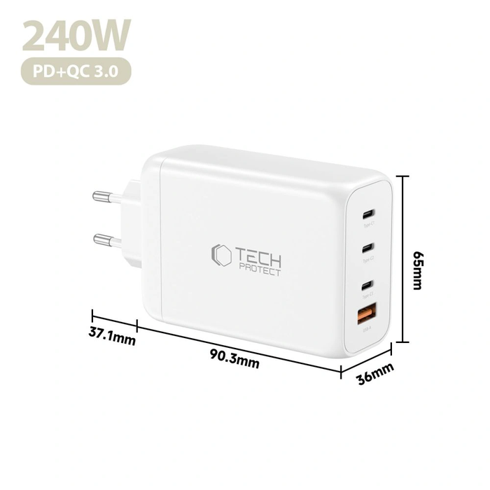 Tech-Protect NC240W-GAN 4-port Network Charger PD 240W / QC3.0 White