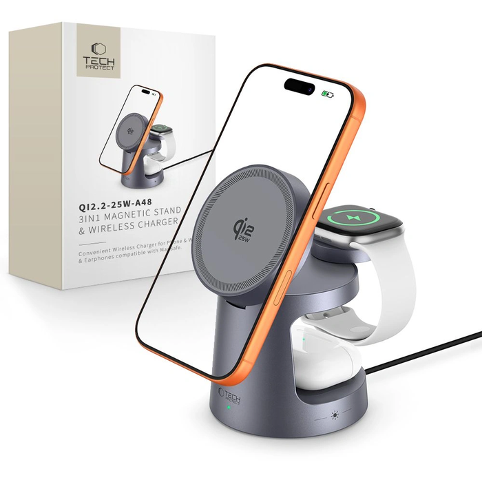 Tech-Protect QI2.2-25W-A48 3in1 Magnetic MagSafe Wireless Charger Dark Grey