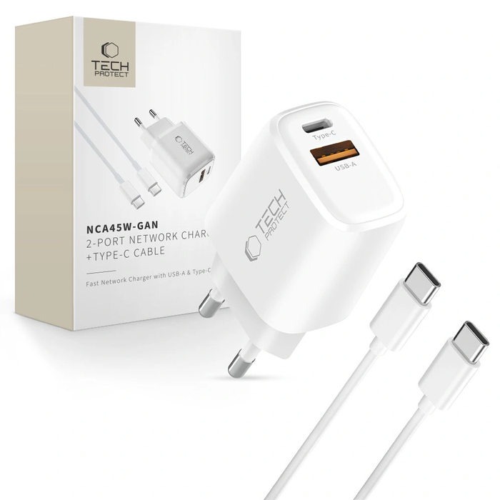 Wall charger Tech-Protect NCA45W-GAN USB-A, USB-C Network Charger PD 45W / QC3.0 + USB-C Cable White