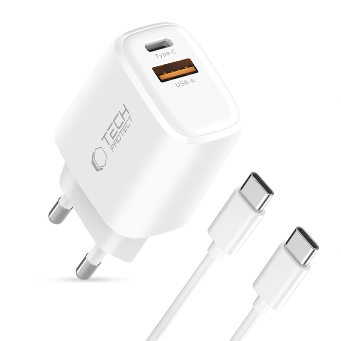 Wall charger Tech-Protect NCA45W-GAN USB-A, USB-C Network Charger PD 45W / QC3.0 + USB-C Cable White