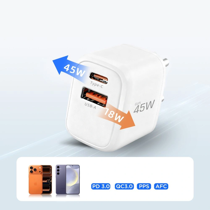 Wall charger Tech-Protect NCA45W-GAN USB-A, USB-C Network Charger PD 45W / QC3.0 + USB-C Cable White