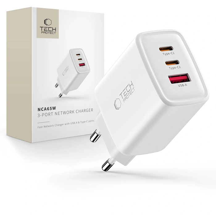 Wall charger Tech-Protect NCA65W-GAN USB-A, 2xUSB-C Network Charger PD 65W / QC3.0 White