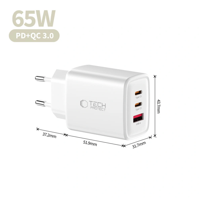 Wall charger Tech-Protect NCA65W-GAN USB-A, 2xUSB-C Network Charger PD 65W / QC3.0 White