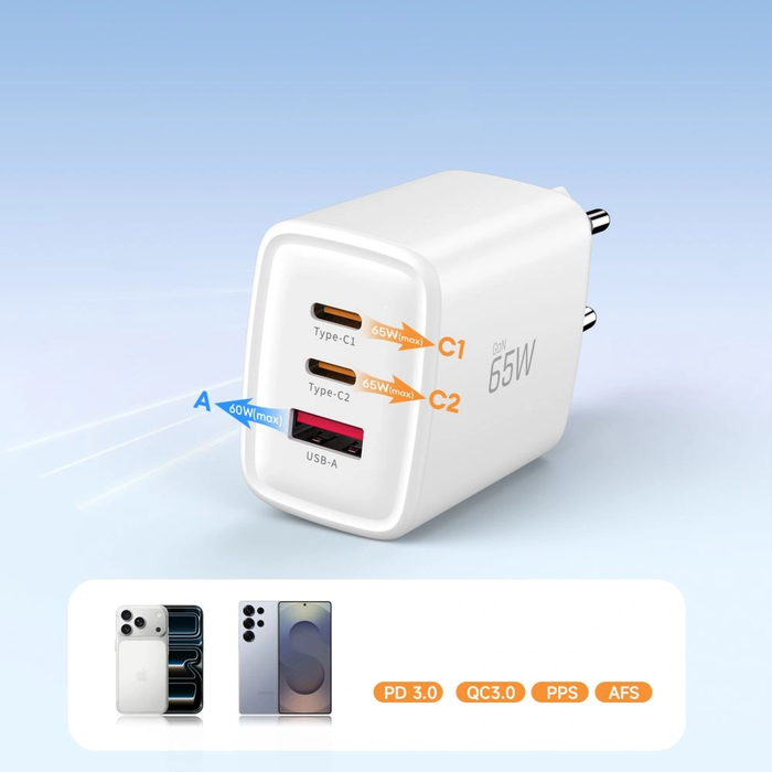 Wall charger Tech-Protect NCA65W-GAN USB-A, 2xUSB-C Network Charger PD 65W / QC3.0 White