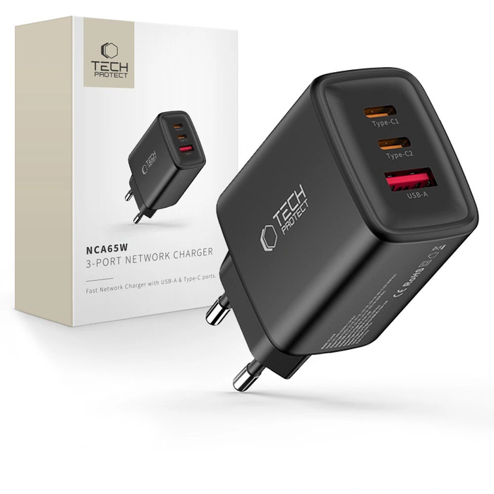 Wall charger Tech-Protect NCA65W-GAN USB-A, 2xUSB-C Network Charger PD 65W / QC3.0 Black