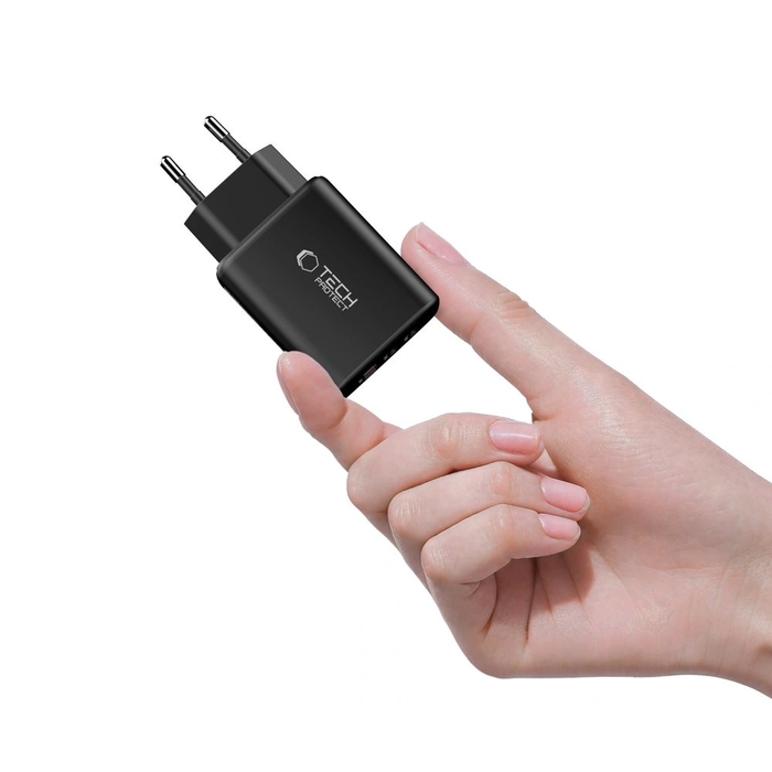 Wall charger Tech-Protect NCA65W-GAN USB-A, 2xUSB-C Network Charger PD 65W / QC3.0 Black