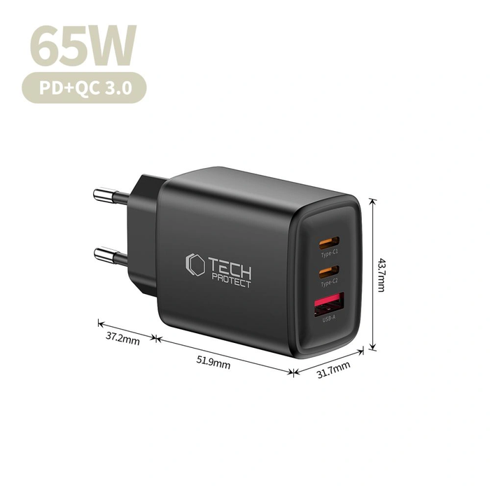 Wall charger Tech-Protect NCA65W-GAN USB-A, 2xUSB-C Network Charger PD 65W / QC3.0 Black