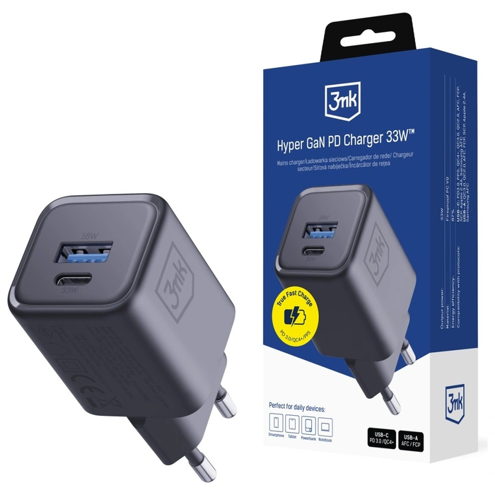 3MK Hyper Charger PD 33W GaN QC4+ PPS AFC FCP SCP USB-A + USB-C black wall charger