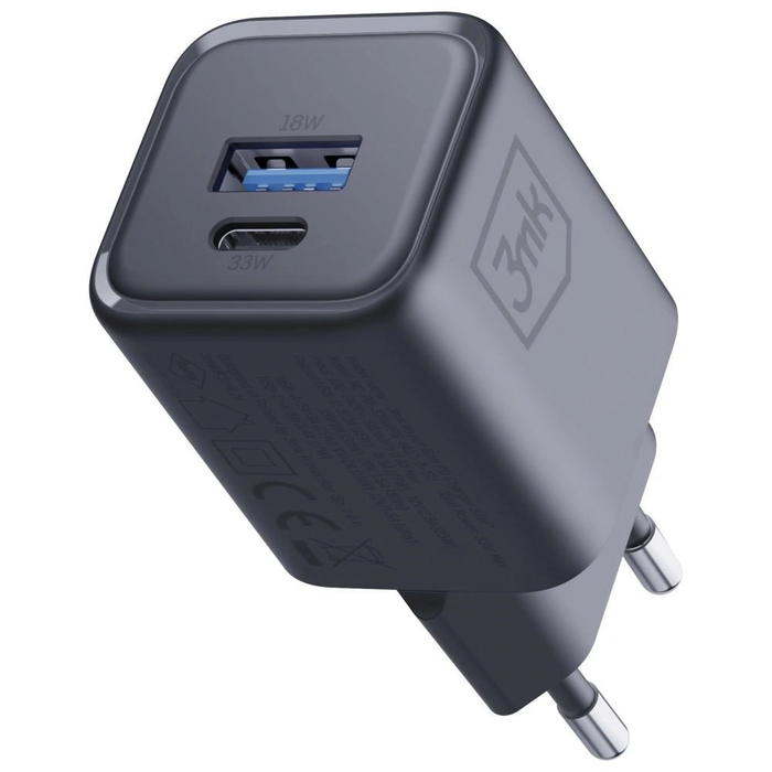 3MK Hyper Charger PD 33W GaN QC4+ PPS AFC FCP SCP USB-A + USB-C black wall charger