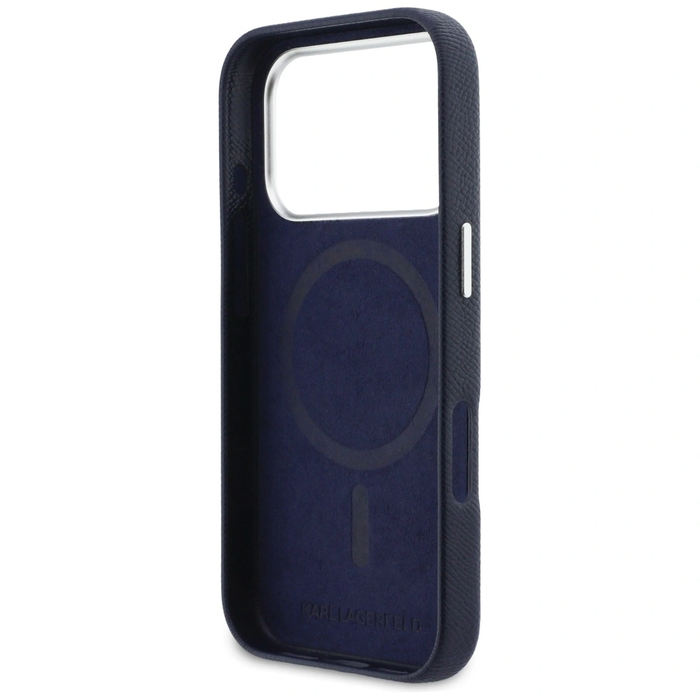 Karl Lagerfeld Karl & Choupette Head Pins Saffiano MagSafe Apple iPhone 17 Pro Max blue