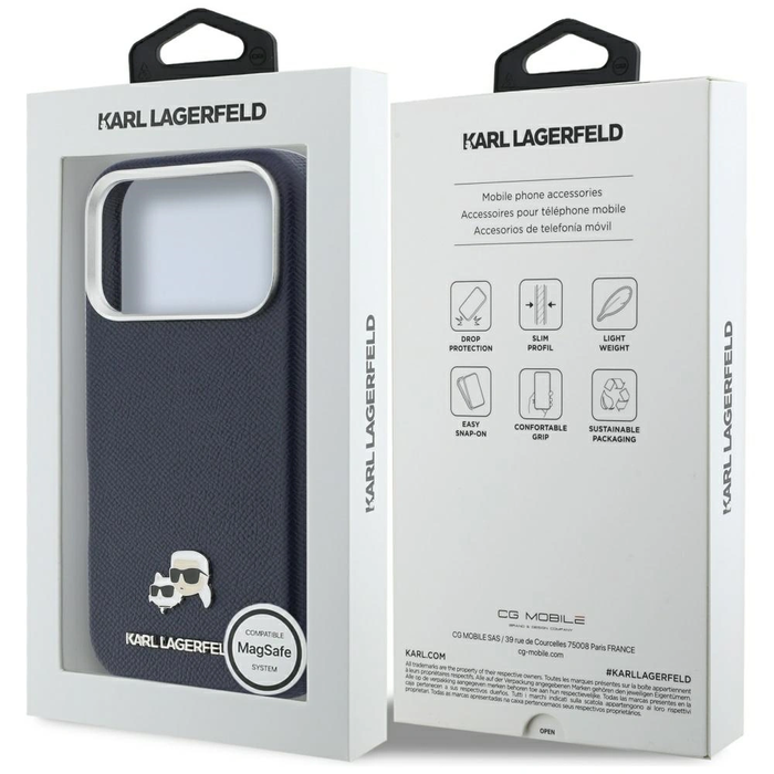 Karl Lagerfeld Karl & Choupette Head Pins Saffiano MagSafe Apple iPhone 17 Pro blue