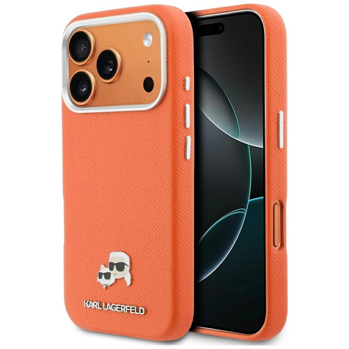 Karl Lagerfeld Karl & Choupette Head Pins Saffiano MagSafe Apple iPhone 17 Pro orange