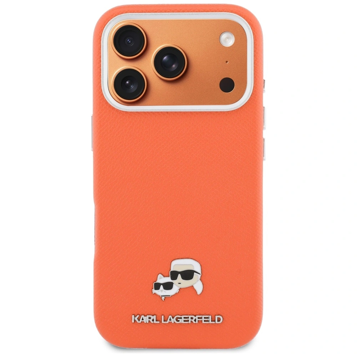 Karl Lagerfeld Karl & Choupette Head Pins Saffiano MagSafe Apple iPhone 17 Pro orange
