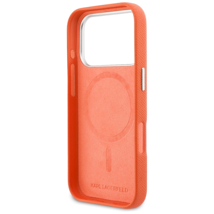 Karl Lagerfeld Karl & Choupette Head Pins Saffiano MagSafe Apple iPhone 17 Pro orange