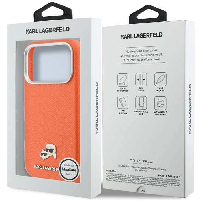 Karl Lagerfeld Karl & Choupette Head Pins Saffiano MagSafe Apple iPhone 17 Pro orange