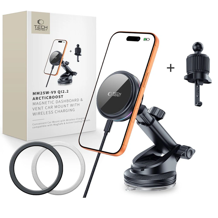 Tech-Protect V9 Arcticboost Magnetic MagSafe Dashboard & Vent Car Mount Wireless Charger 25W QI2.2 Black
