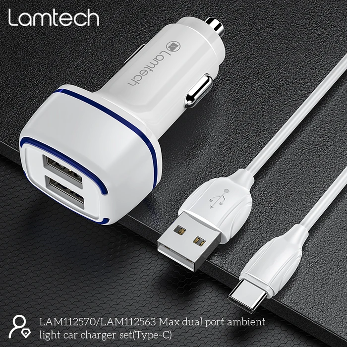 Φορτιστής Αυτοκινήτου Lamtech 2xUSB 2,4A With Type-C Cable 1M WHITE