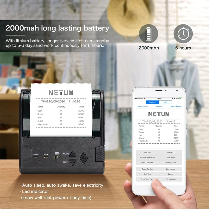 Θερμικός Εκτυπωτής Αποδείξεων Netum Wireless Bluetooth Portable 80mm BILL PRINTER