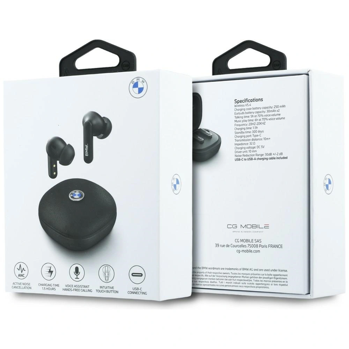 BMW Wireless in-ear Bluetooth TWS headphones Leather Metal Logo ENC black