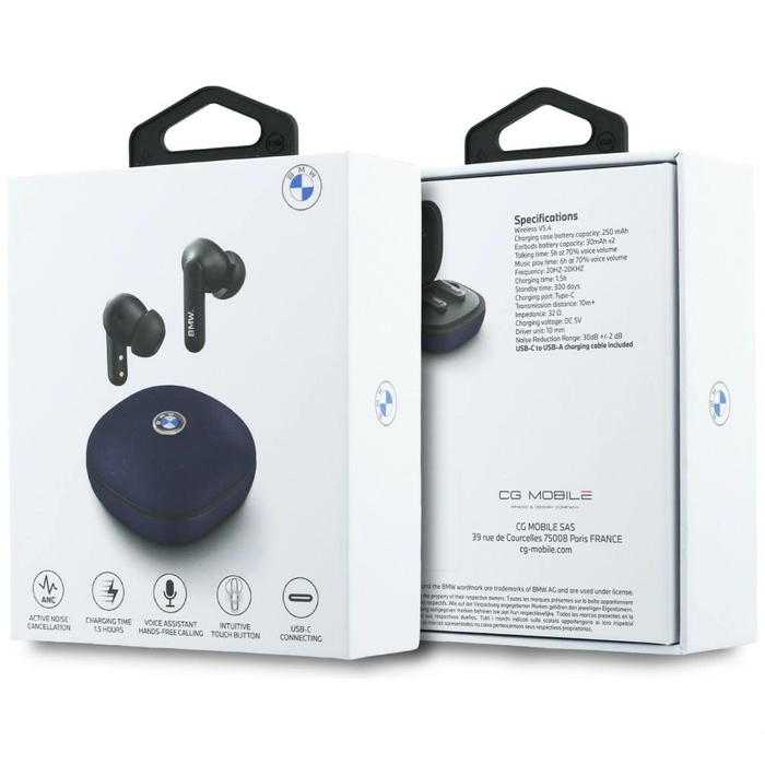 BMW Wireless in-ear Bluetooth TWS headphones Leather Metal Logo ENC navy blue