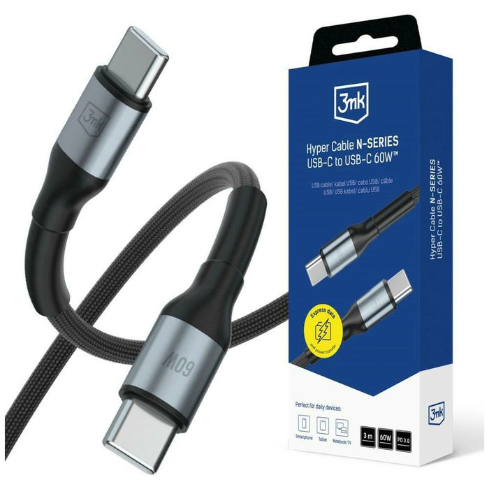 3MK Hyper Cable N-SERIES USB-C / USB-C 3m PD 3.0 QC 3.0 20V/3A 60W black