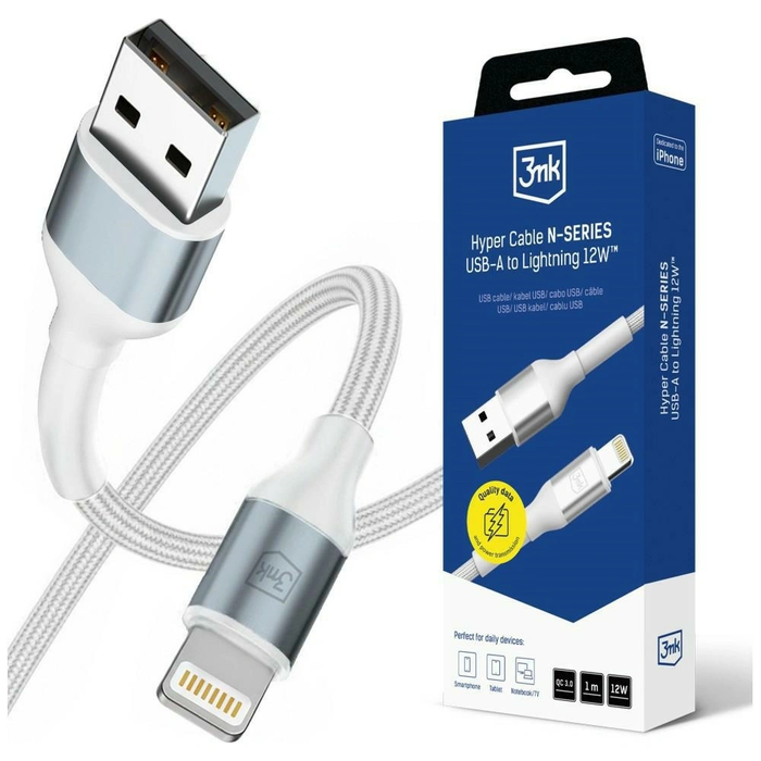3MK Hyper Cable N-SERIES USB-A / Lightning 1m QC 3.0 5V / 2.4A 12W White