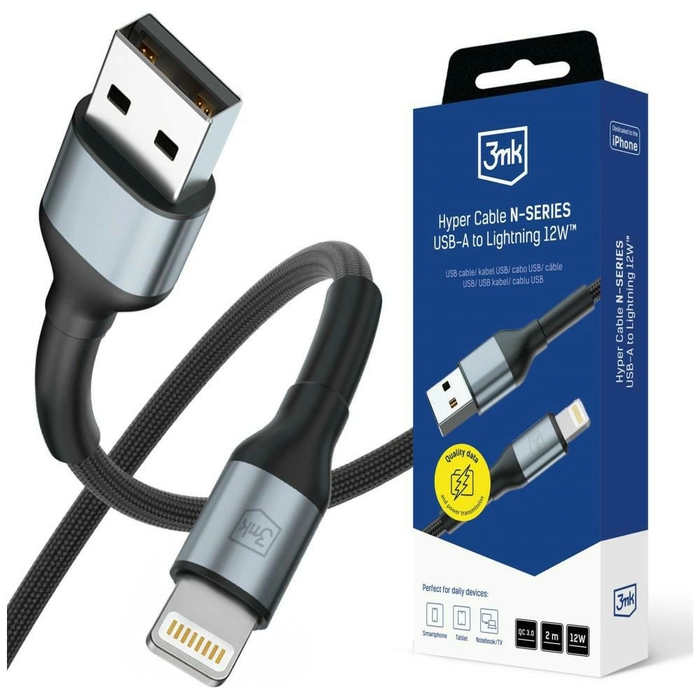 3MK Hyper Cable N-SERIES USB-A / Lightning 2m QC 3.0 5V / 2.4A 12W Black