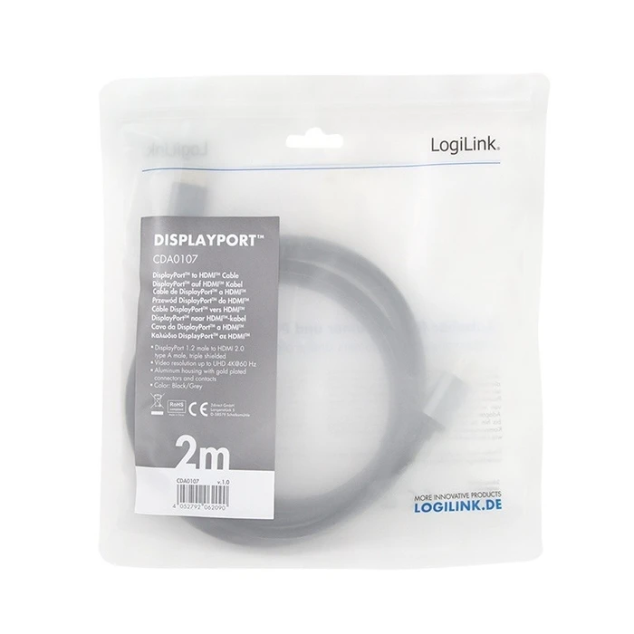 Καλώδιο Displayport Logilink to HDMI 4K/60Hz, alu, 2m