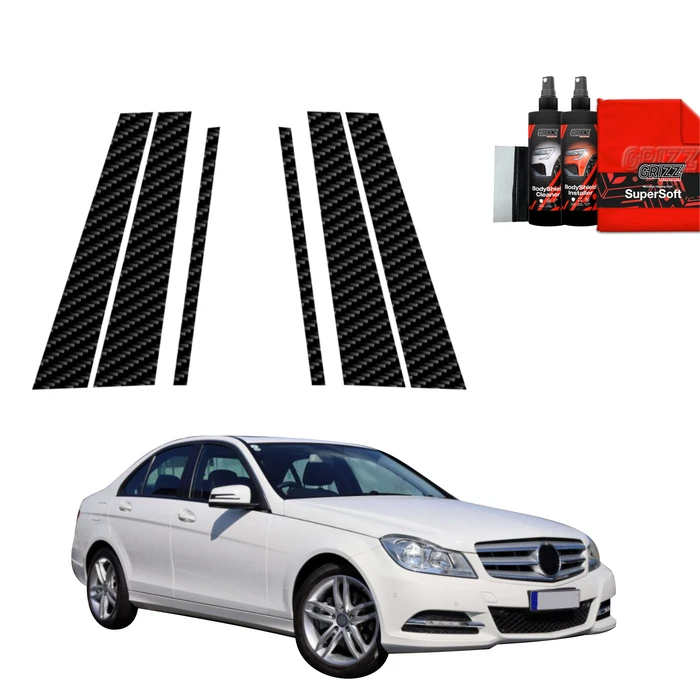 GrizzGlass BodyShield Carbon pillar film for Mercedes Benz C-Class W204 Sedan Facelifting (2011-2014) [6in1]