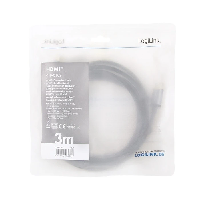 Καλώδιο Logilink HDMI 4k/60hz, Alu , Black, 3m