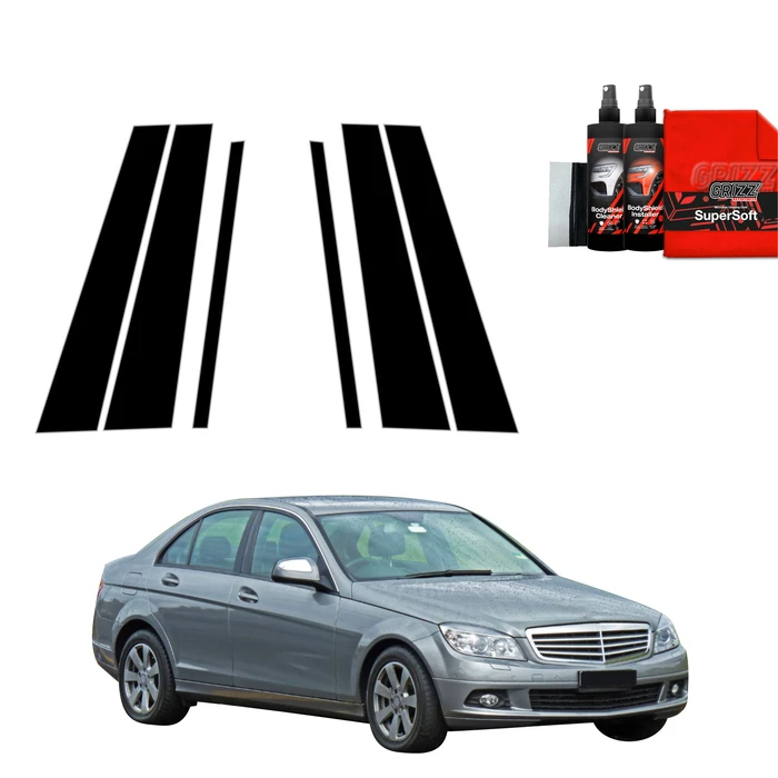 GrizzGlass BodyShield Black pillar film for Mercedes Benz C-Class W204 Sedan (2007-2011) [6in1]