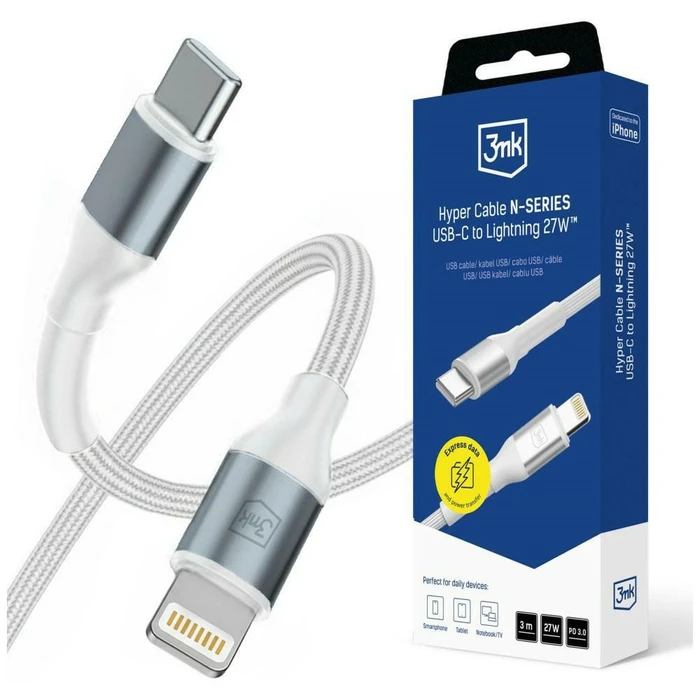 3MK Hyper Cable N-SERIES USB-C Lightning 3m PD 3.0 9V/3A 27W white